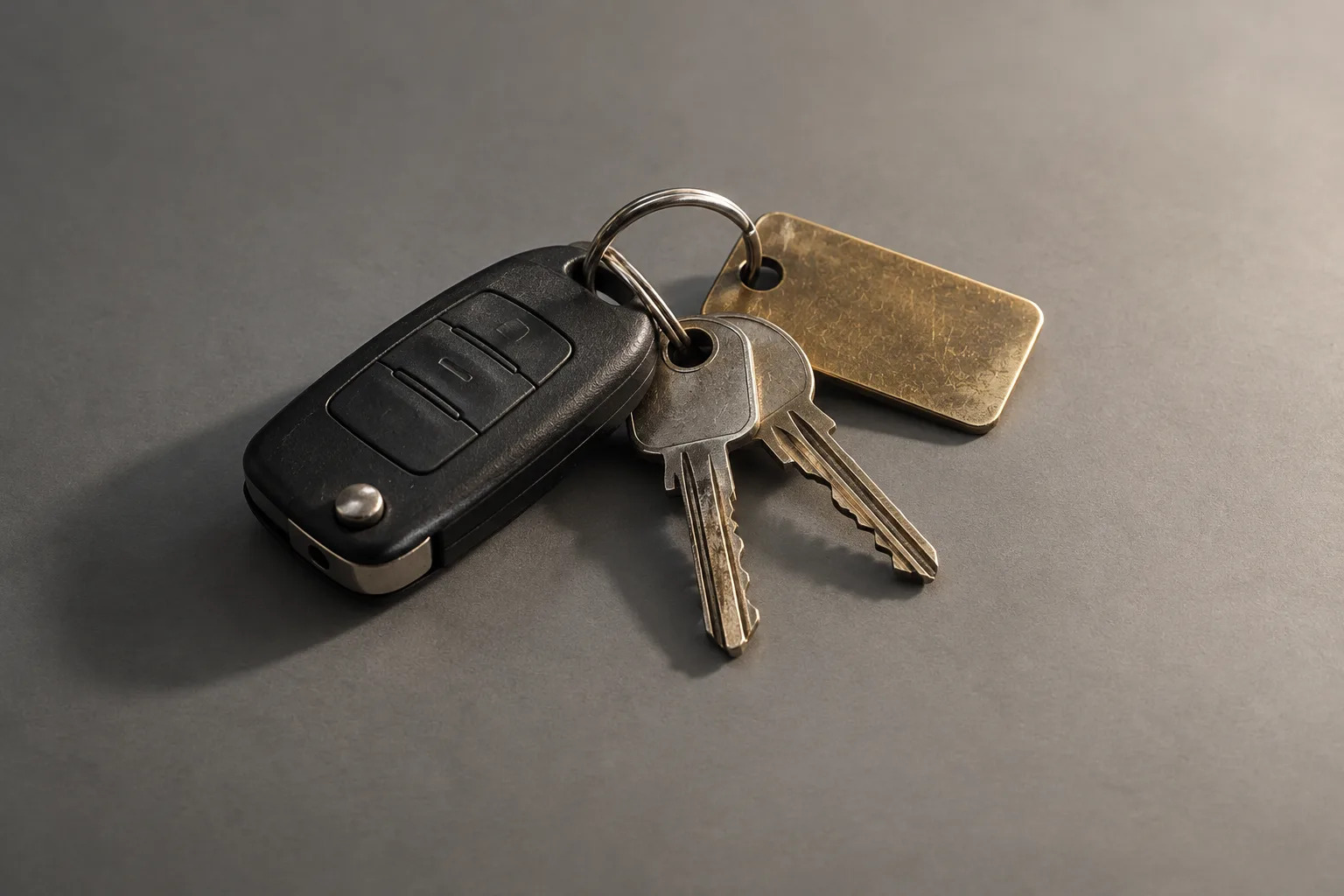 A worn set of van keys with a brass tag on a grey surface