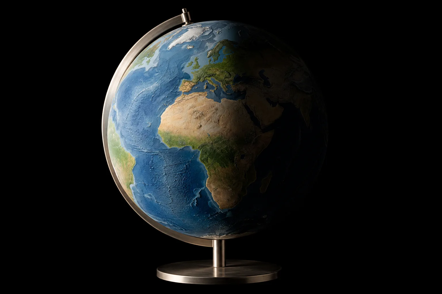 Um globo de secretária iluminado de um lado, metade na luz e metade na sombra, com a Europa e África na linha de separação