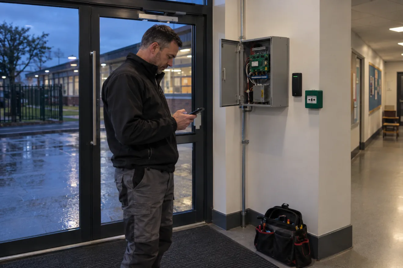 Ein Installateur schaut im Eingangsbereich einer Schule auf sein Smartphone, neben einem geöffneten Türcontroller-Gehäuse, einem Leser und einem grünen Notöffnungstaster.