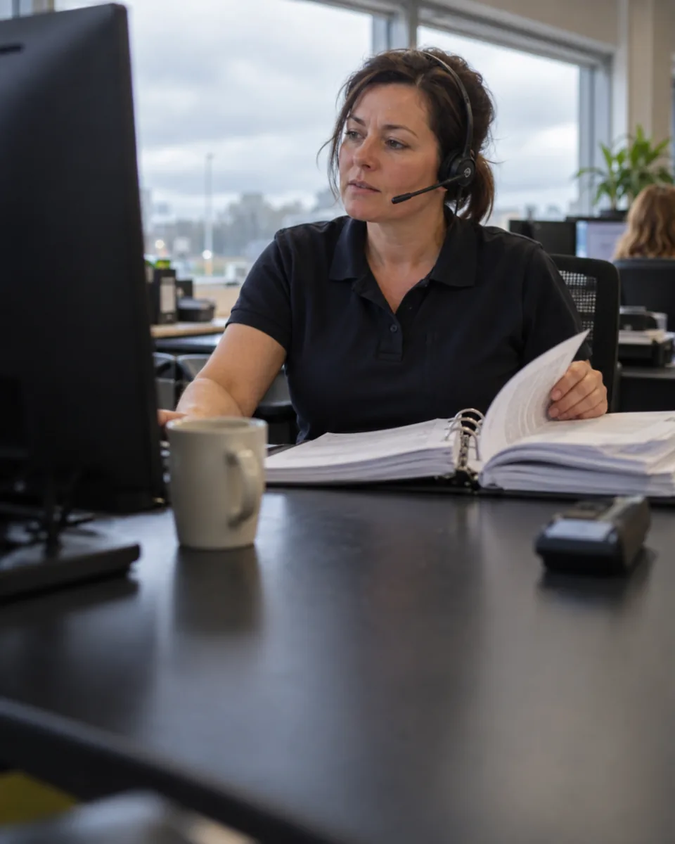 A technical support engineer on a headset listens to a caller at her desk, turning the page of a ring-bound manual.