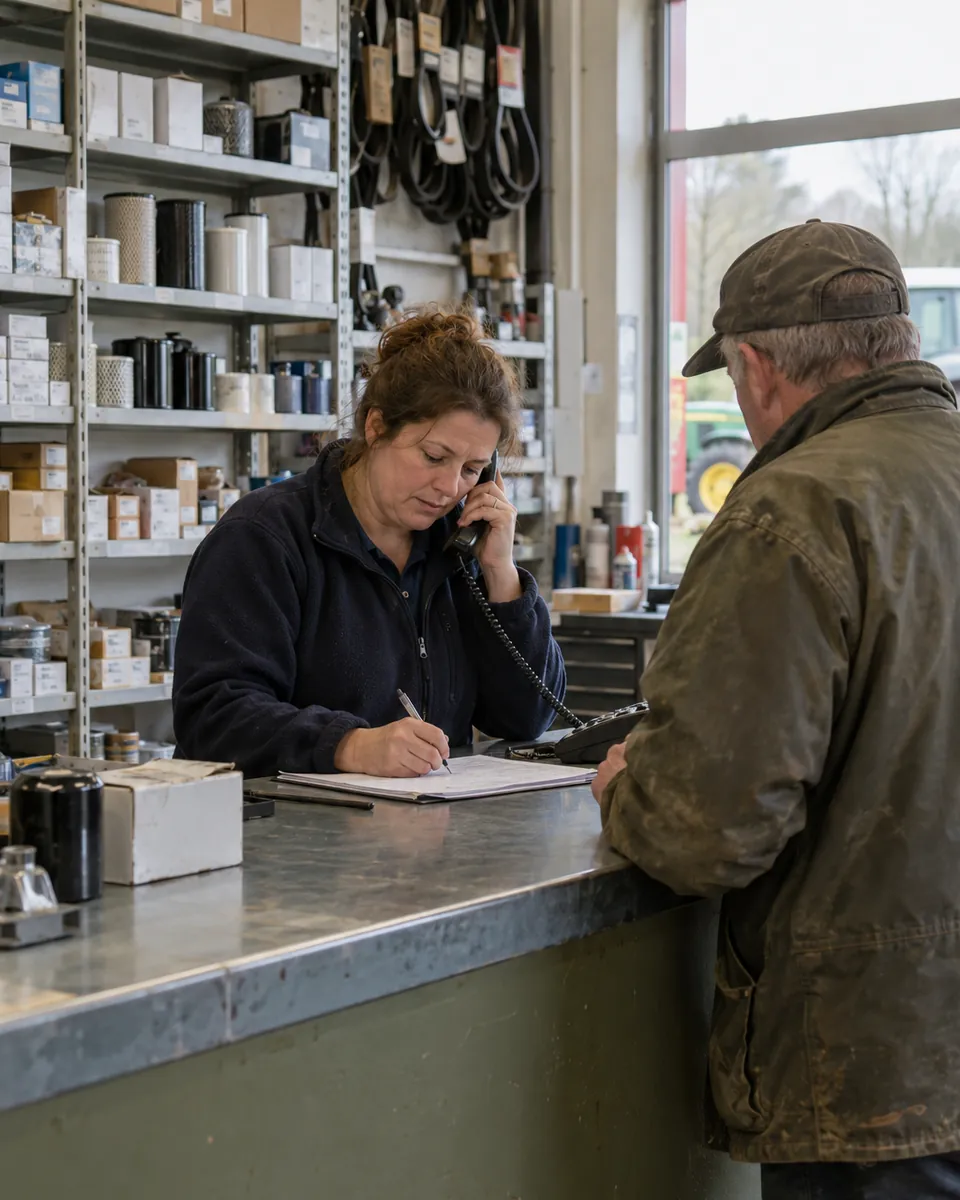 At a dealer’s parts and service counter, a service advisor takes notes on a job card during a phone call while a farmer waits.