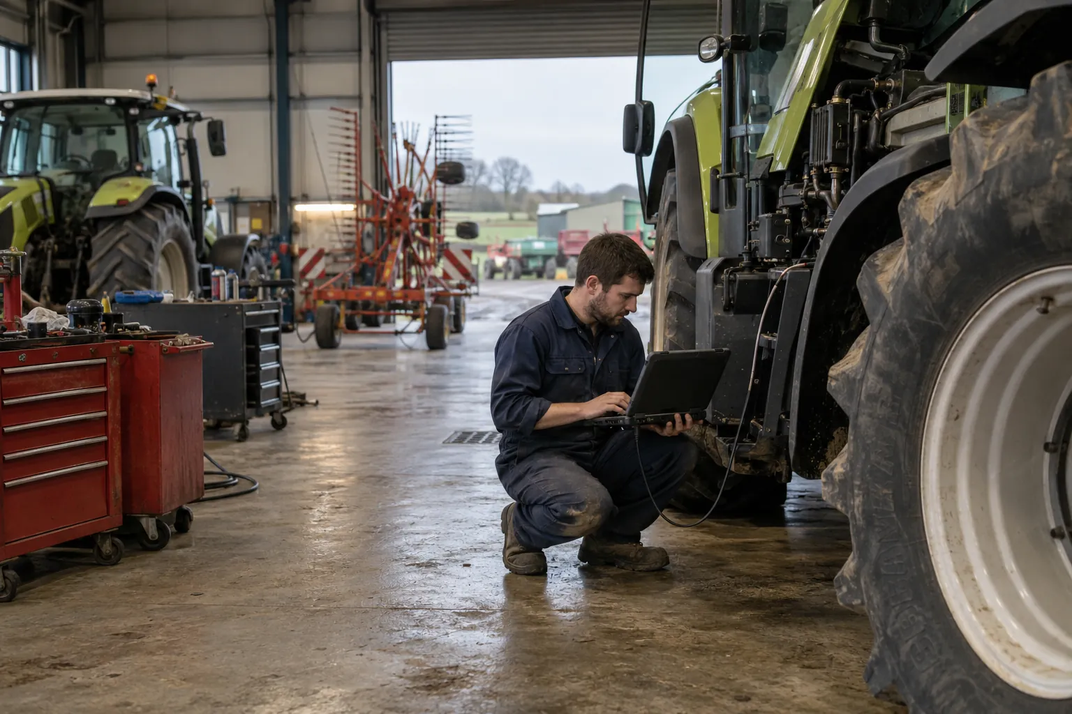 In a dealer’s workshop, a technician kneels beside a tractor’s rear wheel with a laptop connected to the machine.