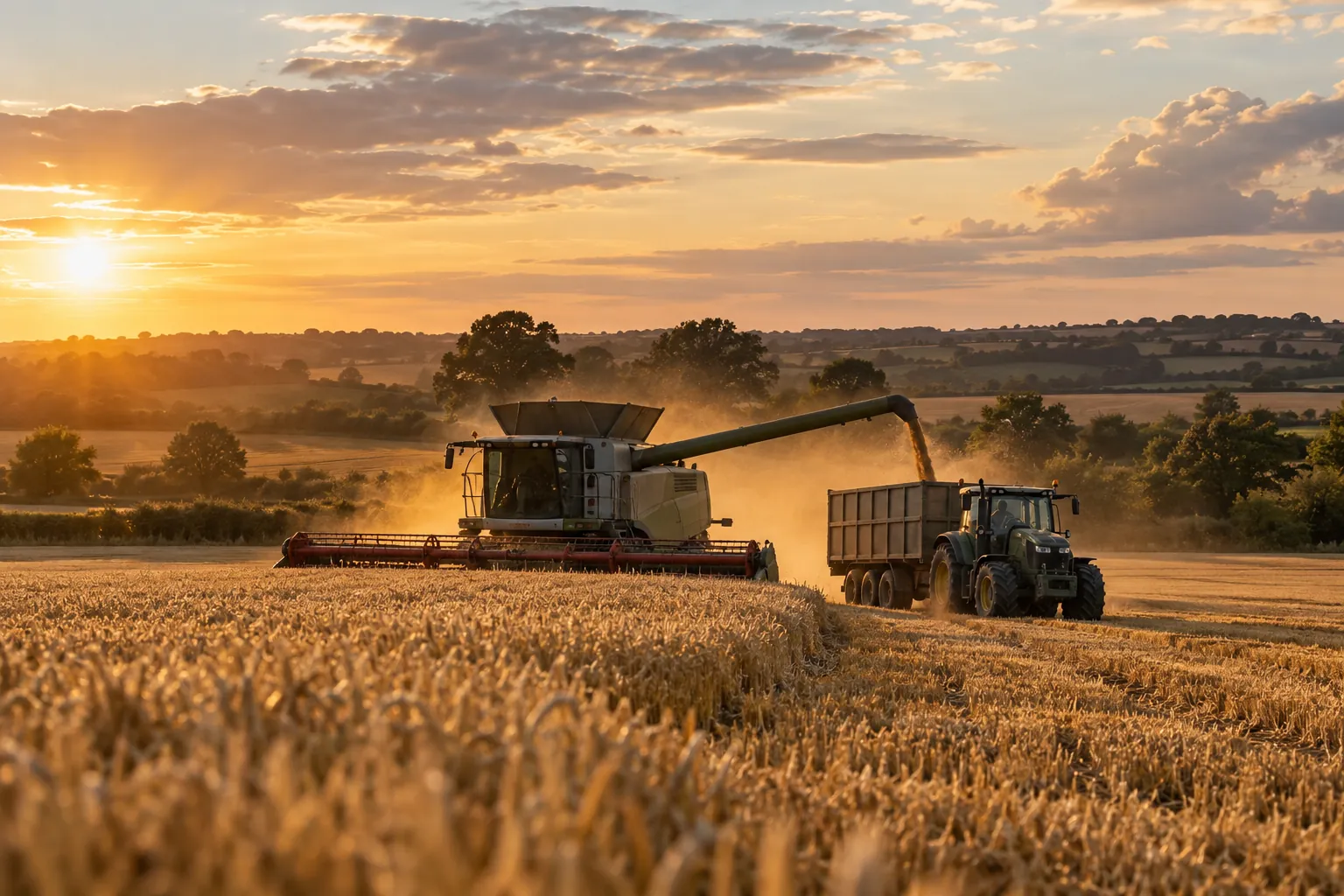 A combine harvester unloads into a grain trailer pulled alongside it in a wheat field at sunset.