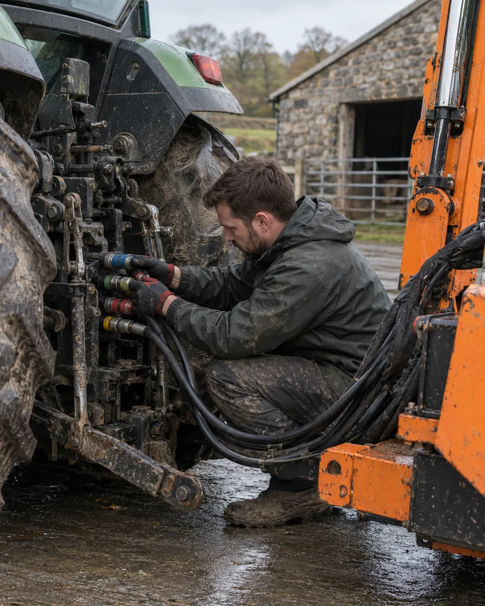 In a wet farmyard, a man crouches at the back of a tractor connecting the hydraulic hoses of a hedgecutter to the rear couplers.