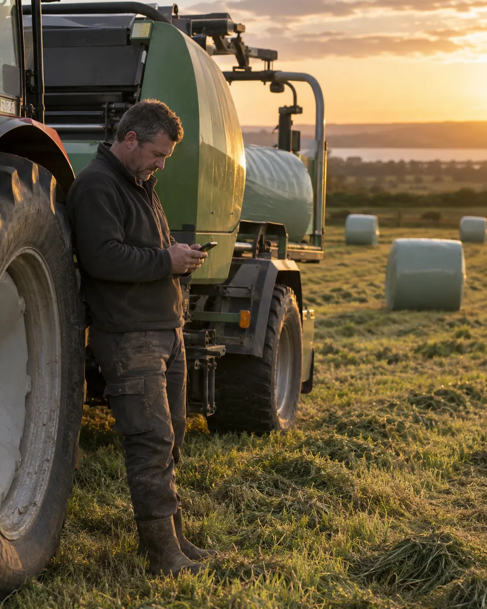 At sunset, a contractor leans against a tractor wheel in a silage field and reads his phone, with wrapped bales behind him.