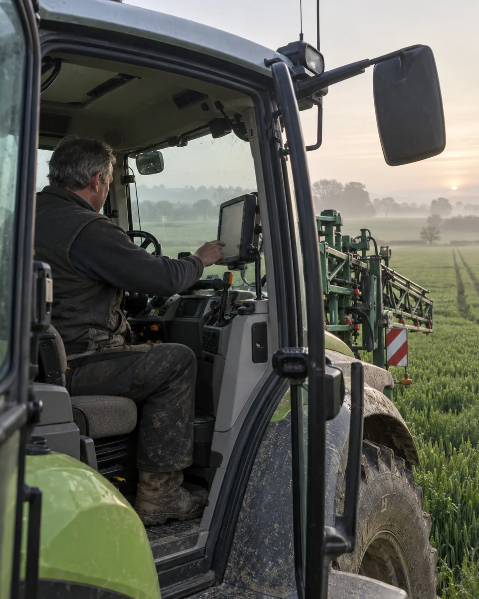 A sprayer operator sits in a tractor cab at the edge of a wheat field in early morning mist, looking at the terminal beside him.