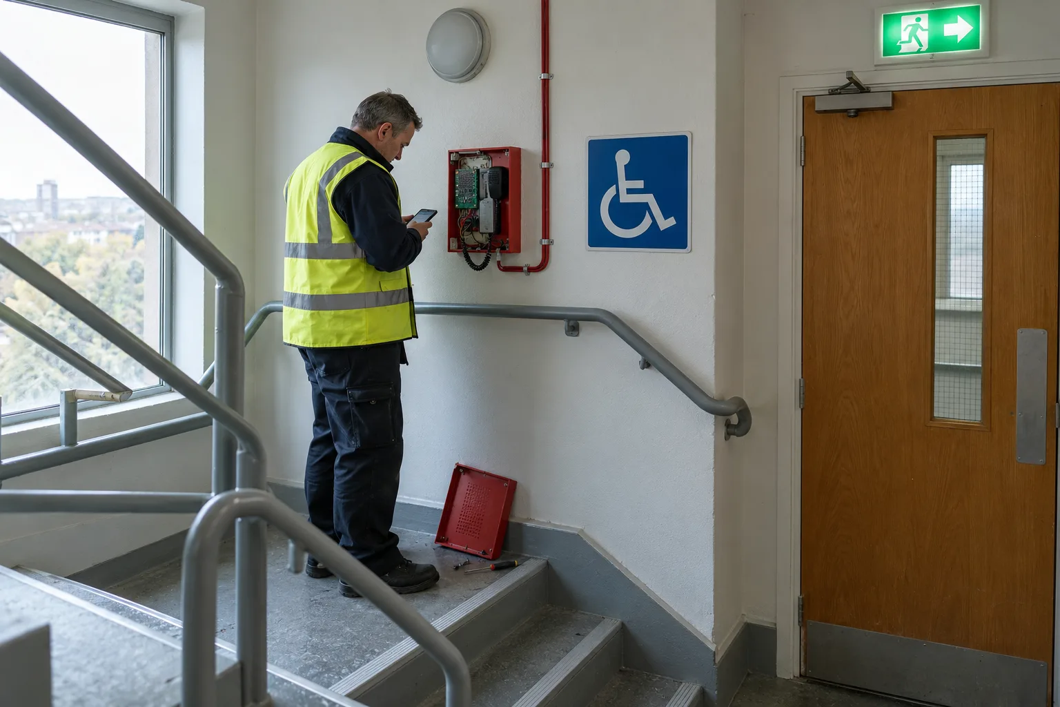 On a stair landing marked as a refuge, an installer in a hi-vis vest works on an emergency voice communication outstation with its cover off.