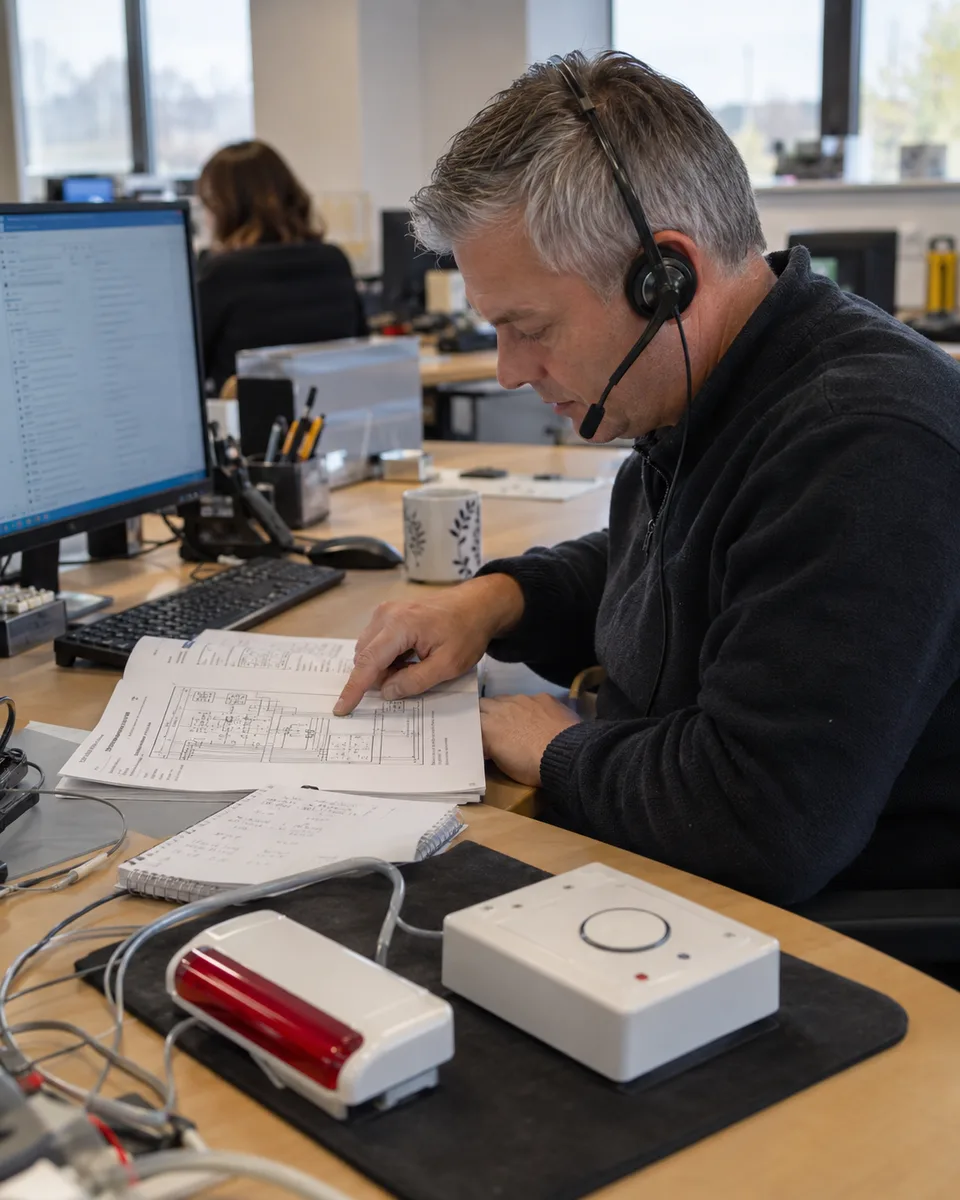 A technical support engineer on a headset follows a wiring diagram in an installation manual at his desk, with a call unit and an overdoor light on a test mat beside him.
