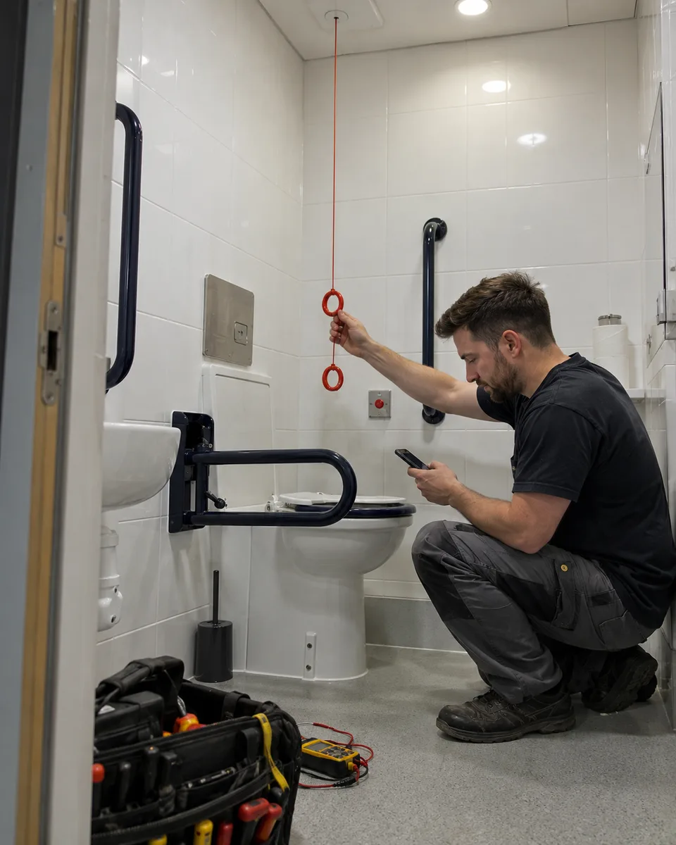An electrician in an accessible toilet holds the red alarm pull cord in one hand and reads his phone in the other.