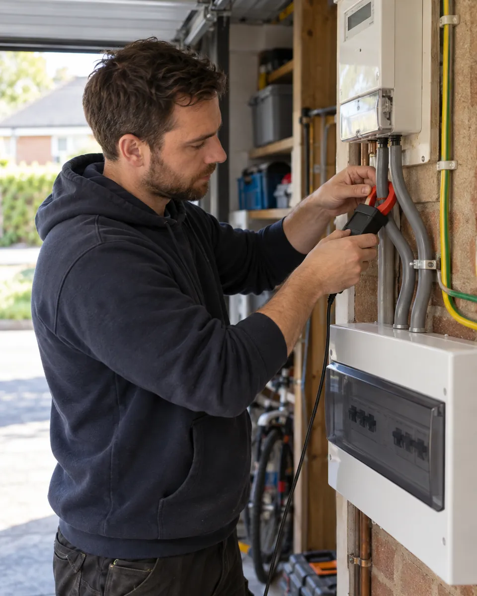 In a garage, an electrician fits a current clamp around the incoming supply cable beside the meter.