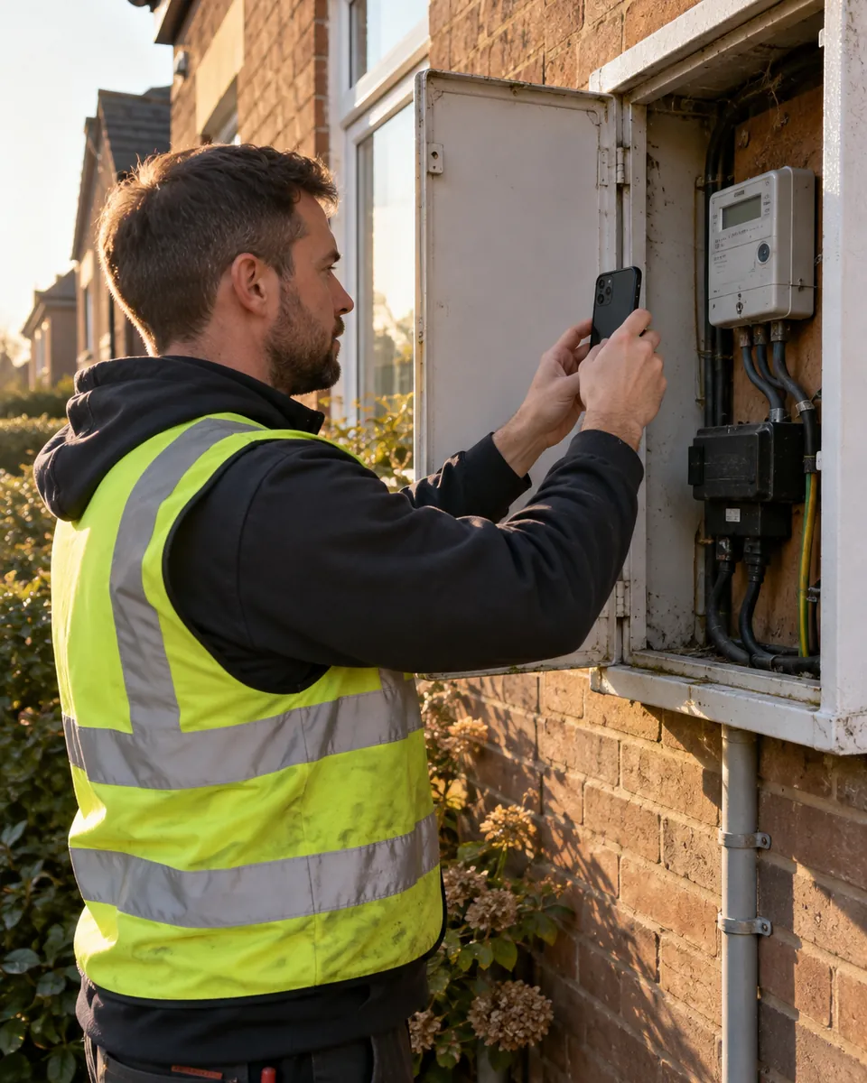 An electrician photographs the electricity meter and cut-out in a meter cupboard with his phone.