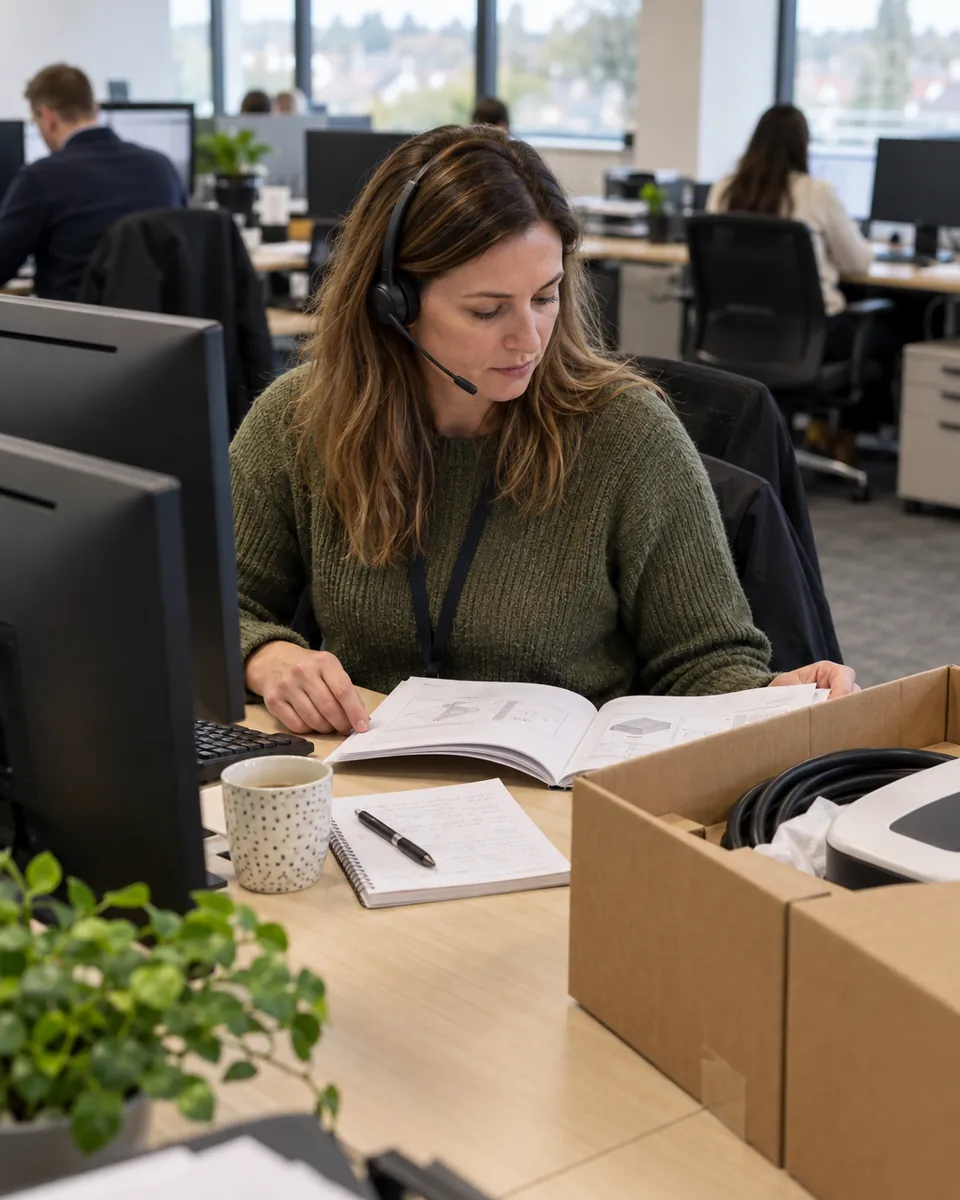 A technical advisor at a distributor takes a call on a headset, with a printed installation manual and a boxed charger on her desk.