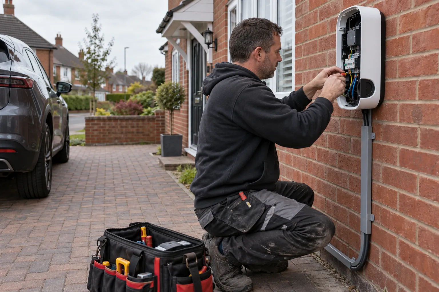 Beside a driveway, an electrician crouches to wire a wall charger on the brick front wall of a house, with its cover off.