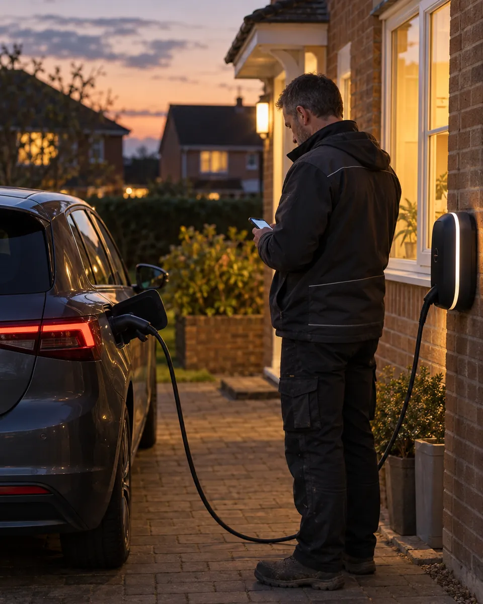 At dusk, an installer reads his phone beside a newly fitted wall charger, with a car plugged in on the driveway.
