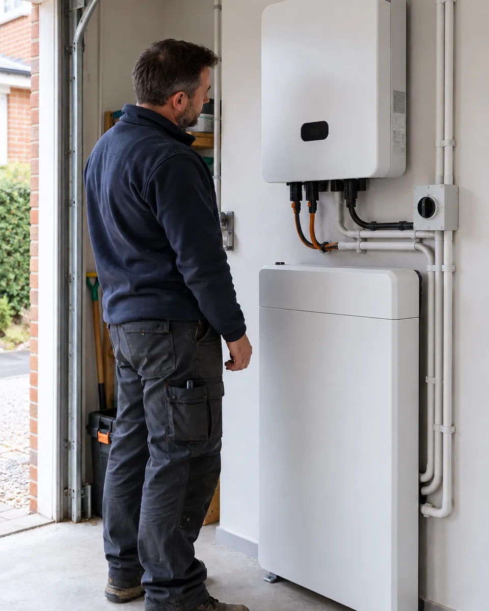 In a garage, an installer stands looking at a hybrid inverter mounted on the wall above a home battery.