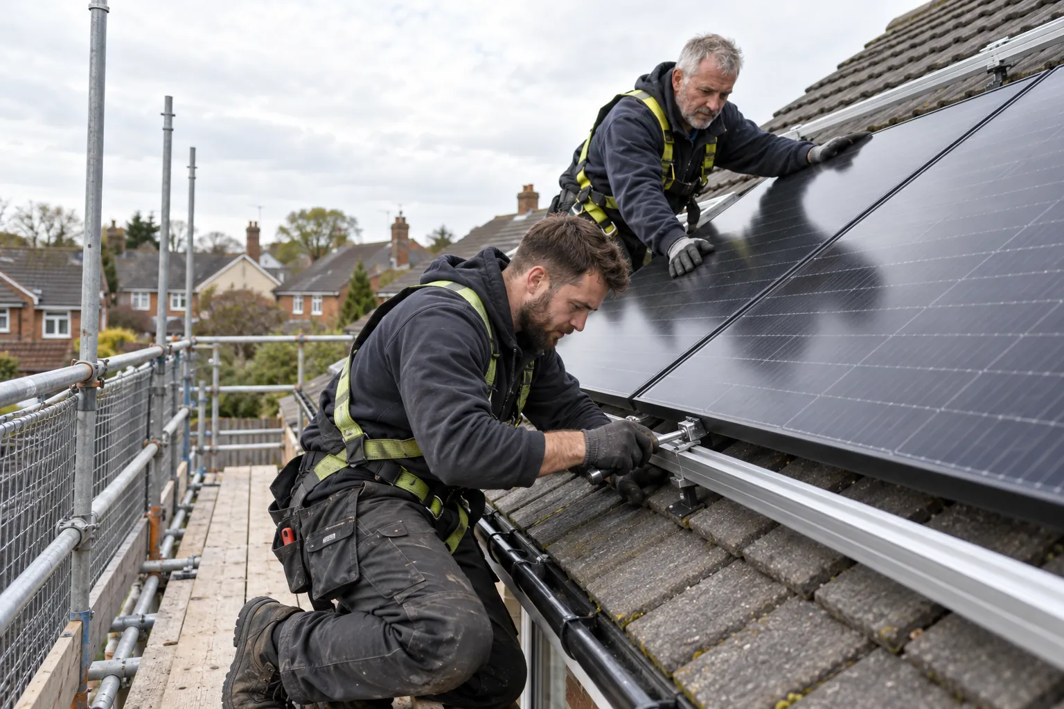 Two installers fix solar panels to the mounting rails on a pitched tiled roof.