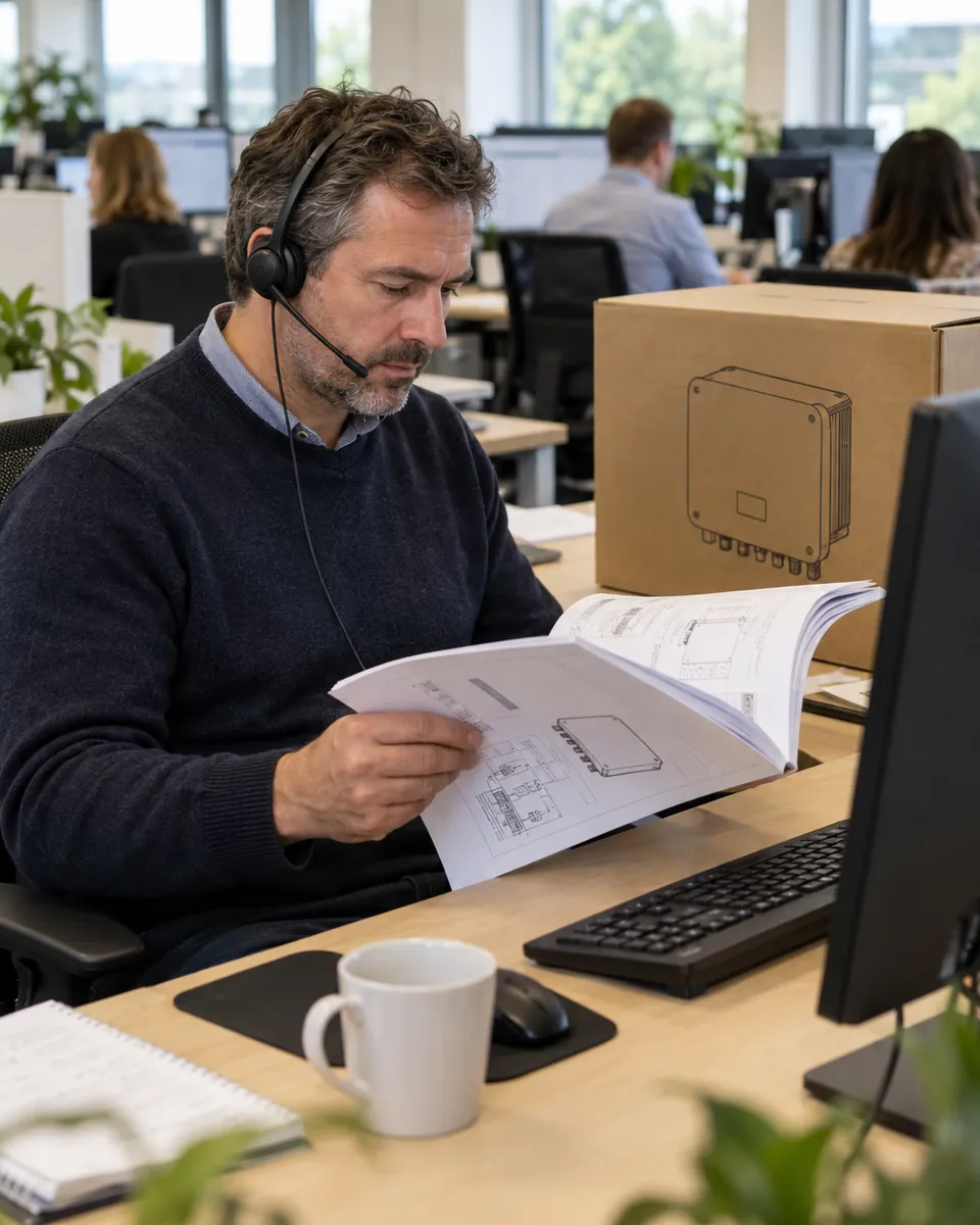 A technical support advisor on a headset reads an installation manual at his desk, with a boxed inverter beside his monitor.