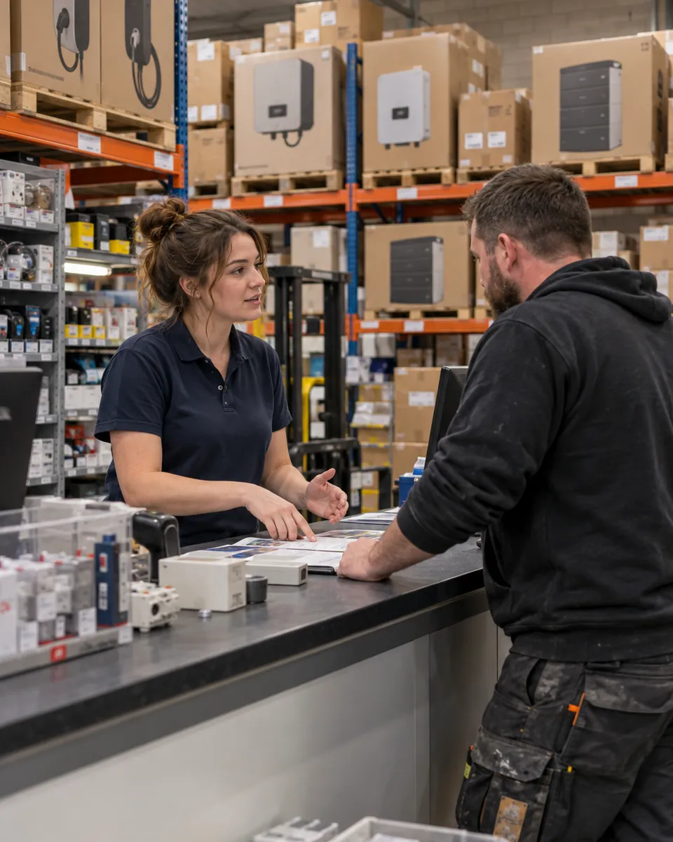 At a wholesaler’s trade counter, a member of staff talks to an electrician, with boxed chargers and inverters on the racking behind.