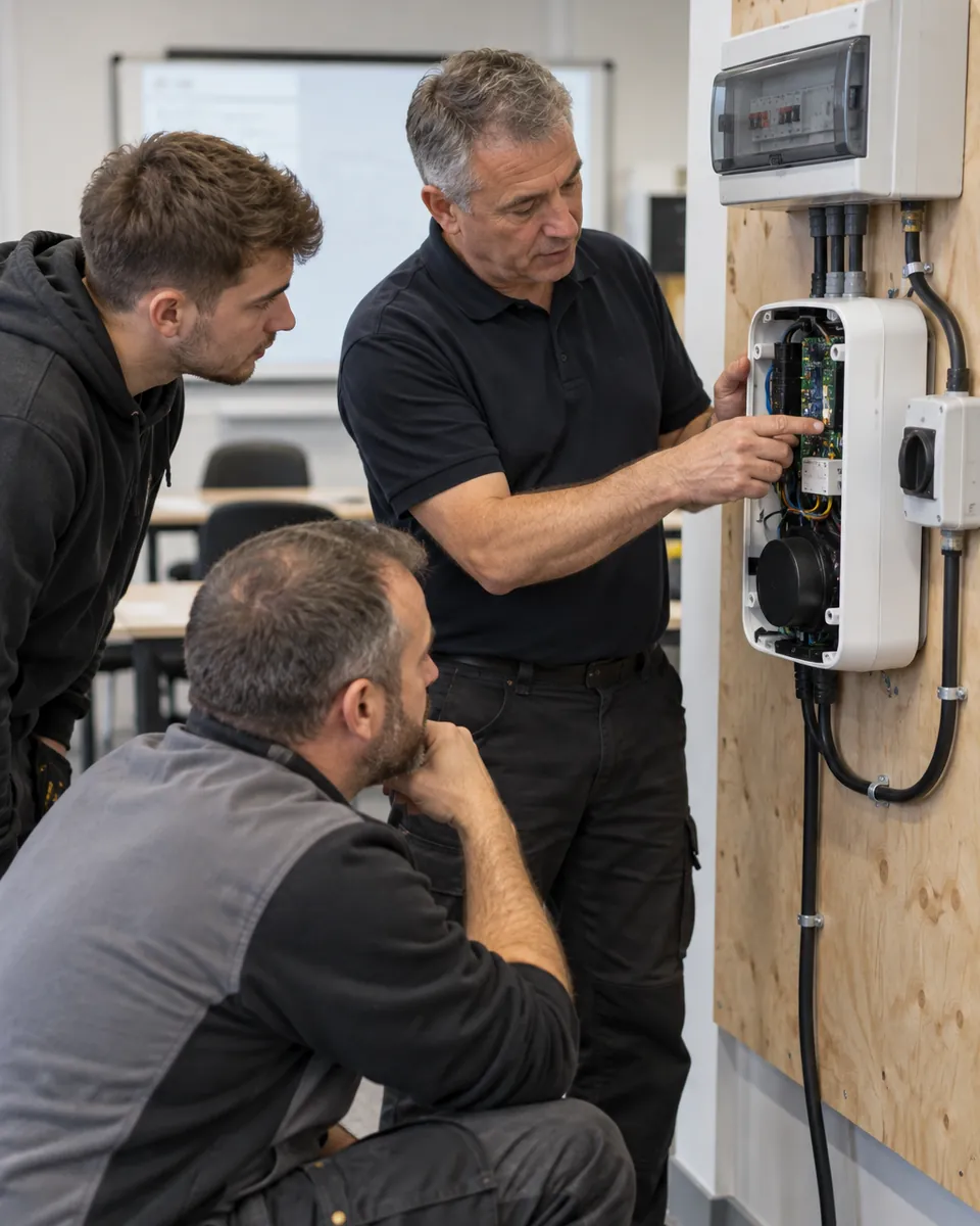 In a training room, a manufacturer’s engineer shows two electricians the wiring inside a charger mounted on a practice board.