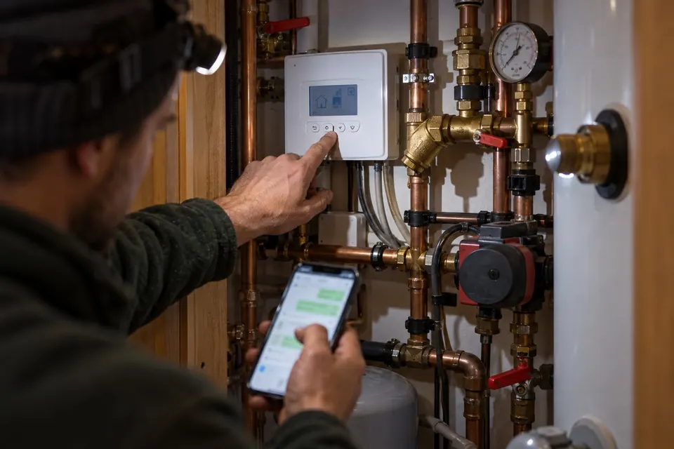 A heating engineer sets a wall-mounted controller beside new pipework, with his phone in his other hand.