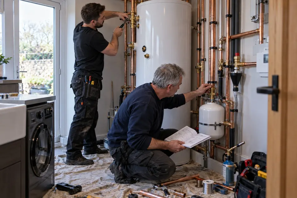 Zwei Heizungsinstallateure montieren einen Warmwasserspeicher in einem Hauswirtschaftsraum. Einer kniet und hält das aufgeschlagene gedruckte Installationshandbuch in der Hand.