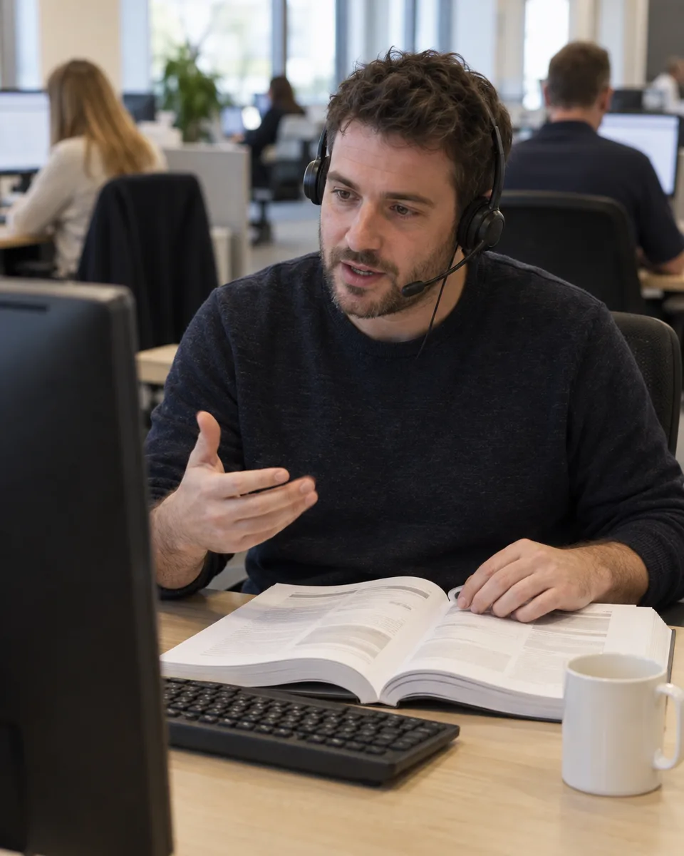 Ein Berater im technischen Support erklärt an seinem Schreibtisch mit Headset einem Anrufer etwas, vor ihm liegt ein aufgeschlagenes Installationshandbuch.