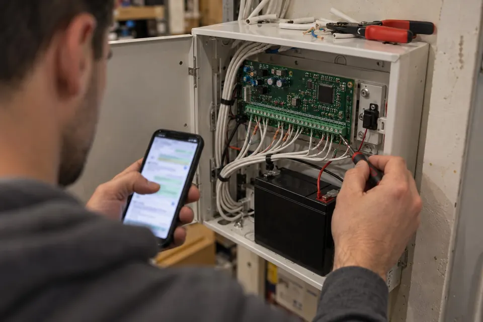 An engineer reads his phone beside an open alarm control box.