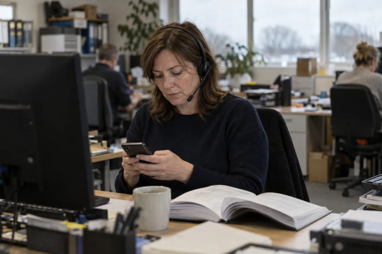 Eine Mitarbeiterin im technischen Support mit Headset beantwortet eine Nachricht auf ihrem Smartphone, auf dem Schreibtisch liegt ein aufgeschlagenes gedrucktes Handbuch.