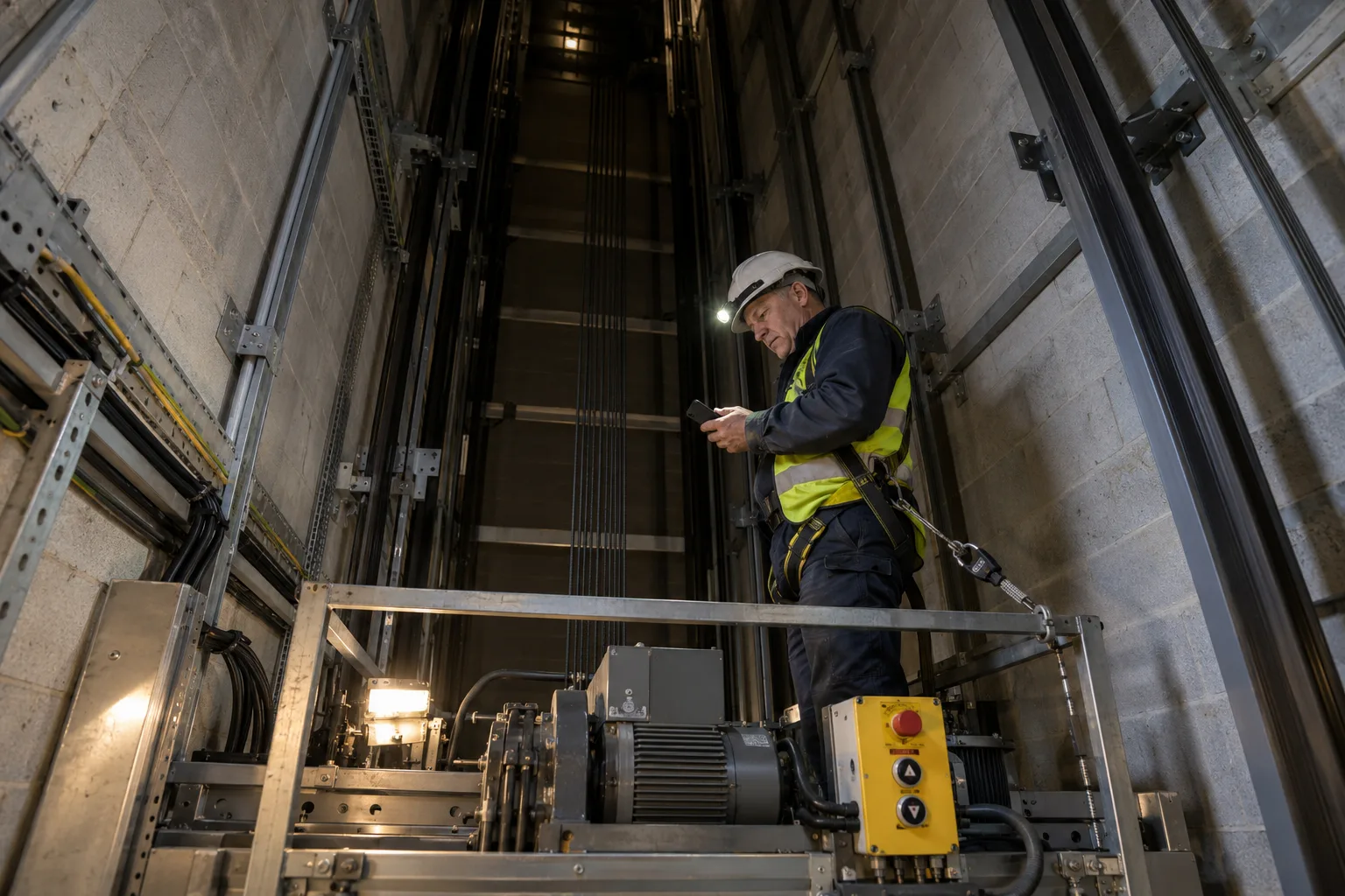 A lift engineer in a hard hat stands on the roof of a lift car in the shaft, reading his phone beside the inspection control box.
