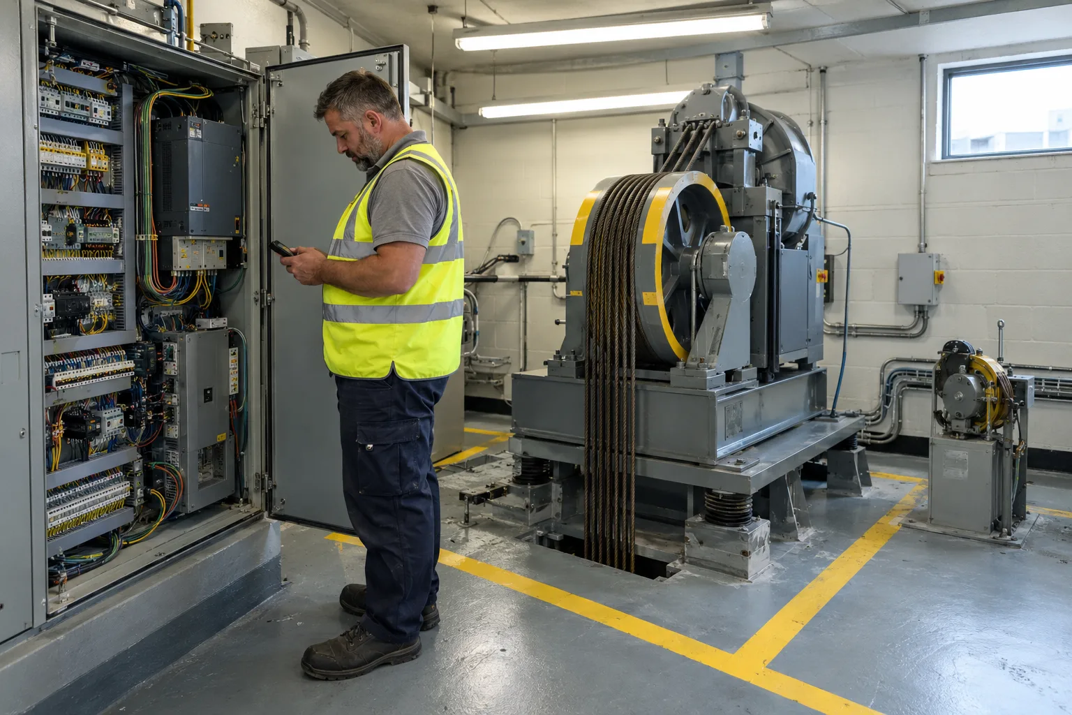 A lift engineer reads his phone in a machine room, beside an open lift controller cabinet and the traction machine.