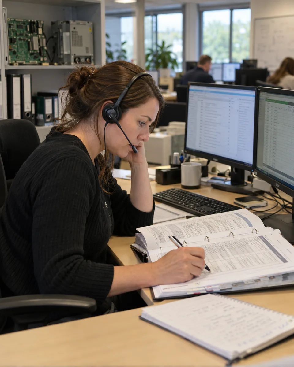 A technical support engineer on a headset reads a table of event codes in a ring-bound controller manual at her desk.