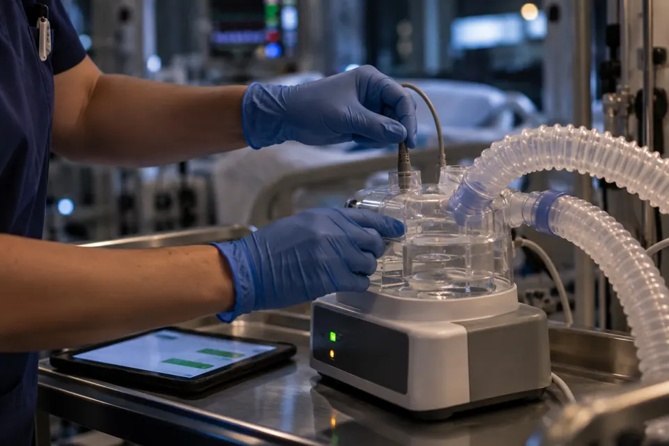 Gloved hands work on a piece of respiratory equipment with a tablet beside it.