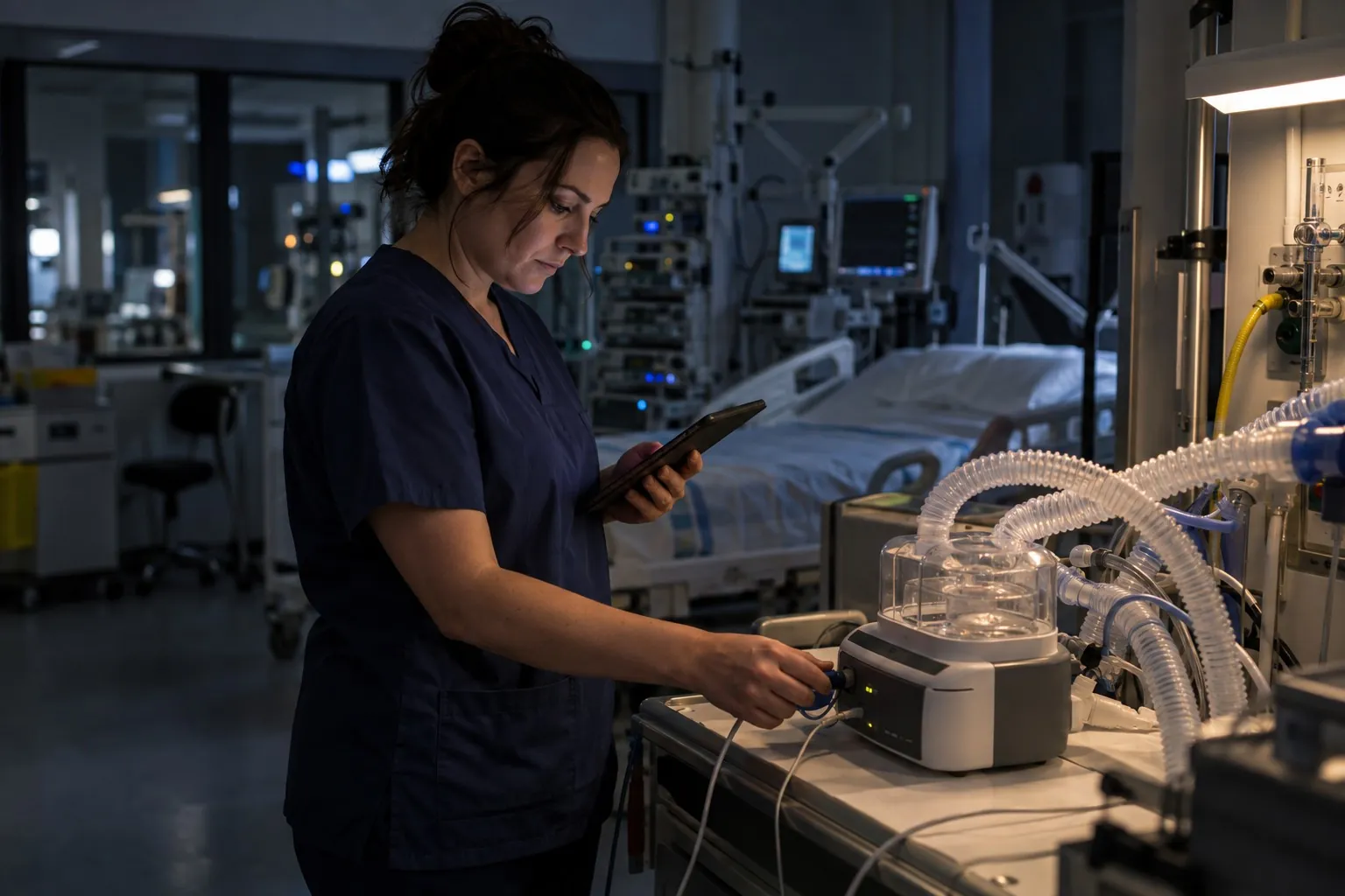 A nurse in dark scrubs holds a tablet while connecting a cable to a heated humidifier on a trolley, beside an empty bed in a dimly lit ward.