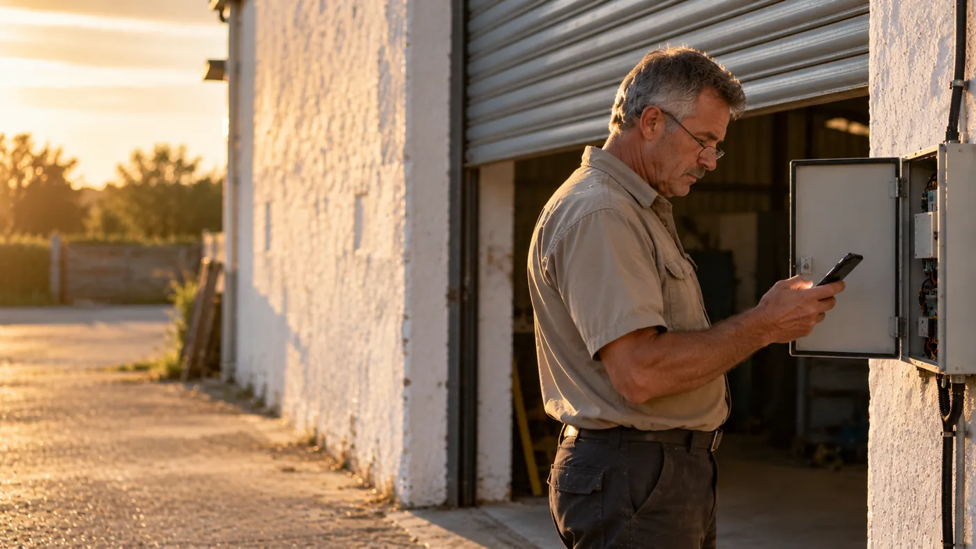 Ein Techniker schaut neben einem geöffneten Schaltkasten an einem Werkstatttor auf sein Smartphone.