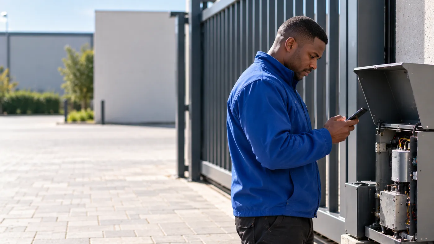 Ein Techniker schaut neben einem geöffneten Torantrieb auf sein Smartphone.