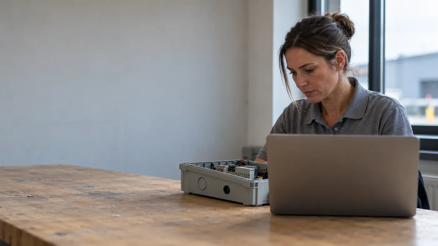 Ein Supporttechniker arbeitet am Laptop, auf der Werkbank liegt ein geöffnetes Steuergerät.