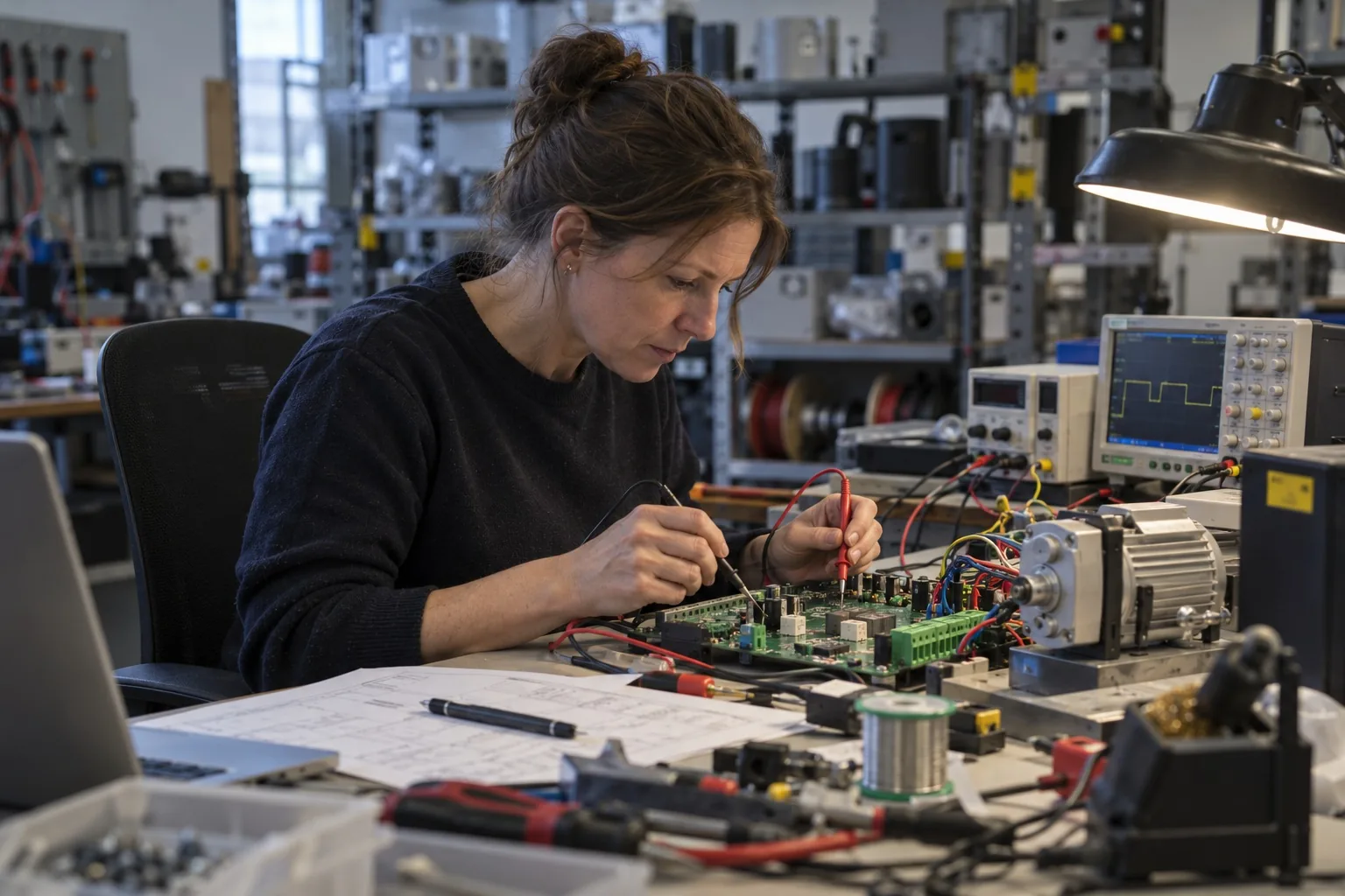 Ein Entwicklungsingenieur prüft an einem Elektronikarbeitsplatz eine Leiterplatte mit zwei Messspitzen.