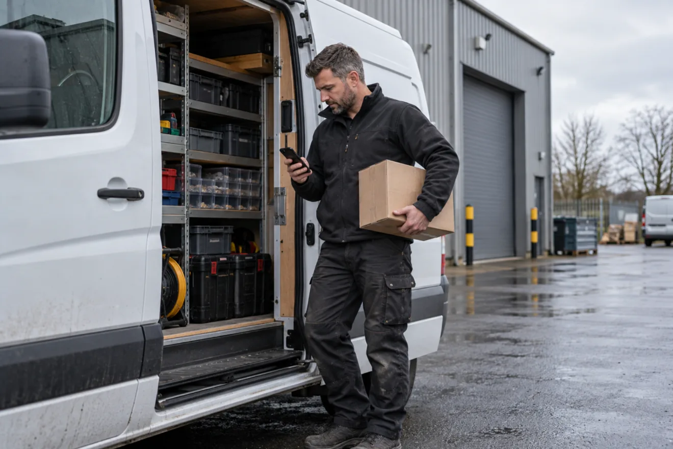 Ein Servicetechniker steht an der offenen Seitentür seines Transporters vor einer Gewerbehalle und liest auf seinem Smartphone, unter dem Arm ein Ersatzteil im Karton.