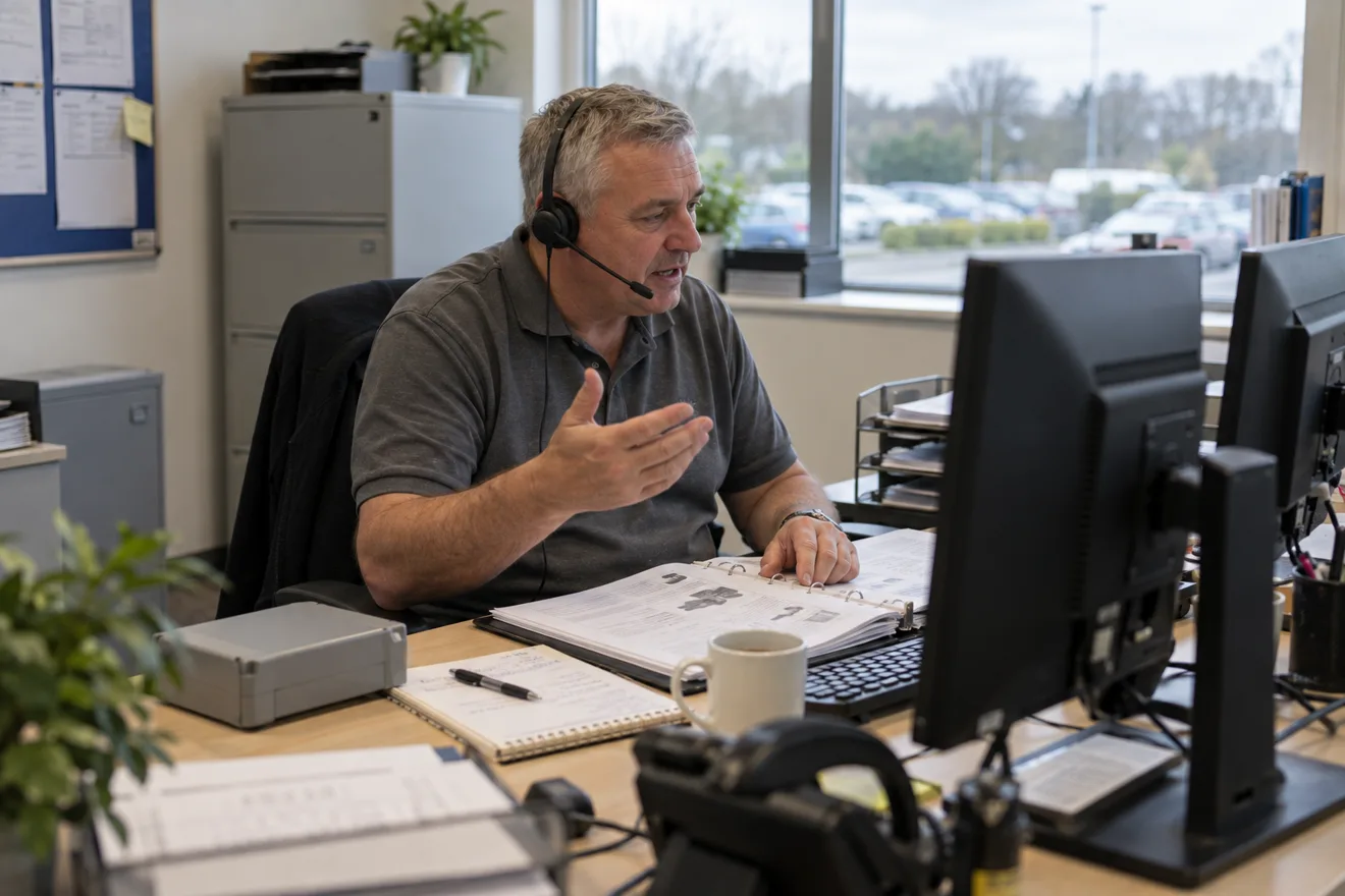 A technical support engineer on a headset at his desk, explaining a point to a caller with a product manual open in front of him.