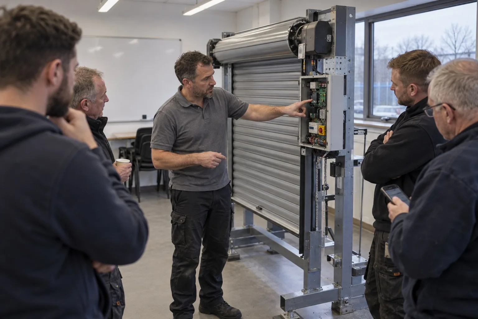 Ein Trainer zeigt auf die Steuerung eines Rolltors an einem Schulungsstand, vier Installateure stehen um ihn herum und sehen zu.