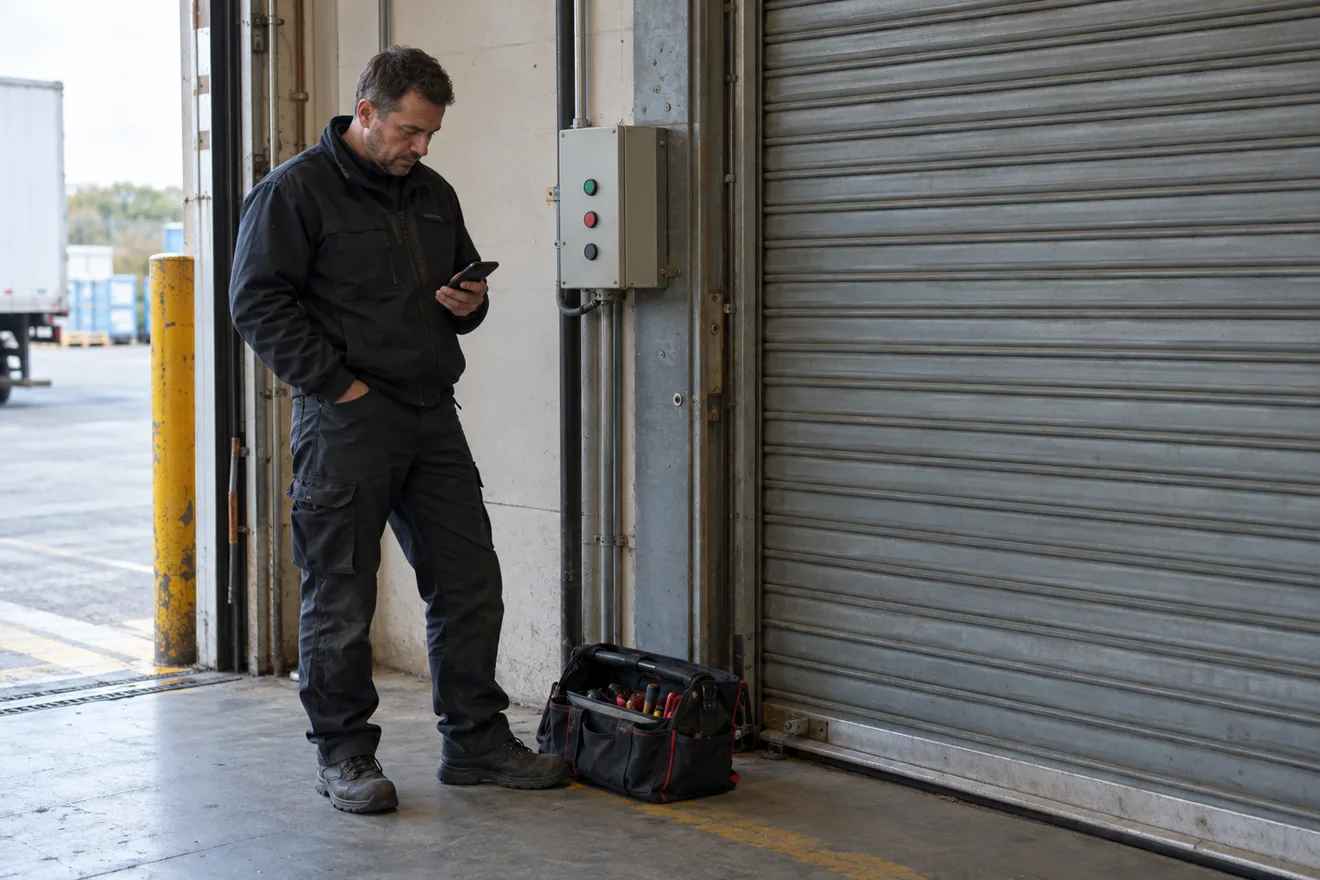 Ein Servicetechniker steht neben einem Industrie-Rolltor und dessen wandmontiertem Steuerkasten und liest auf seinem Handy; auf dem Boden steht eine offene Werkzeugtasche.