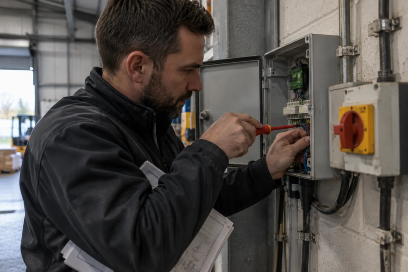 Ein Installateur klemmt mit einem Schraubendreher eine Leitung an der Klemmleiste eines offenen Steuerungsgehäuses an, der Verdrahtungsplan liegt aufgeschlagen neben ihm.